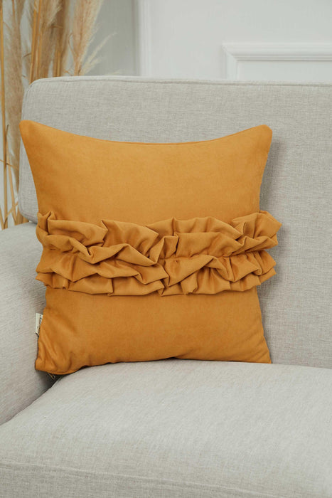 Handcrafted Throw Pillow with Elegant Ruffle Detail, Luxurious Cushion Cover for Living Room or Bedroom Decorations,K-270 Mustard Yellow