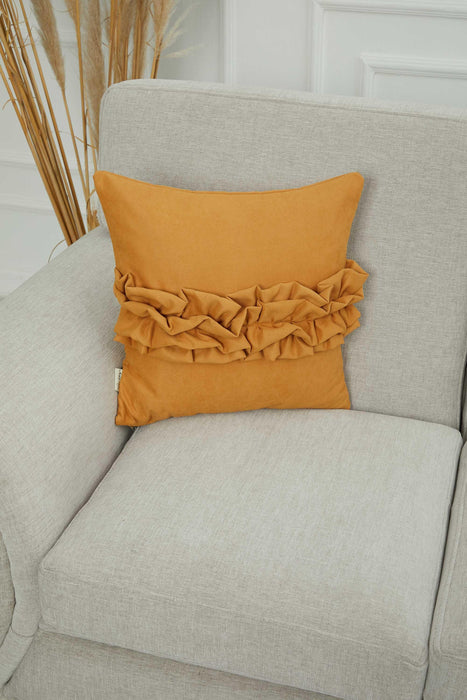 Handcrafted Throw Pillow with Elegant Ruffle Detail, Luxurious Cushion Cover for Living Room or Bedroom Decorations,K-270 Mustard Yellow