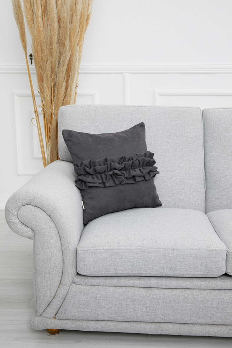 Handcrafted Throw Pillow with Elegant Ruffle Detail, Luxurious Cushion Cover for Living Room or Bedroom Decorations,K-270 Grey