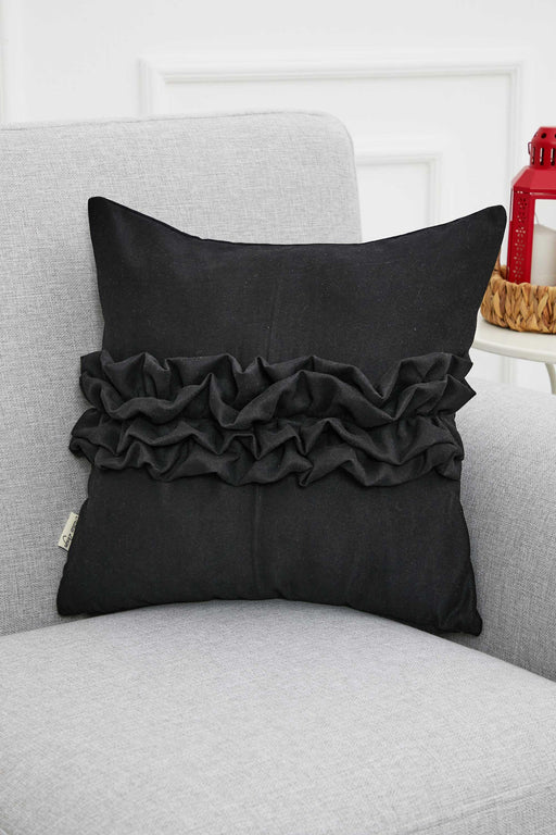 Handcrafted Throw Pillow with Elegant Ruffle Detail, Luxurious Cushion Cover for Living Room or Bedroom Decorations,K-270 Black