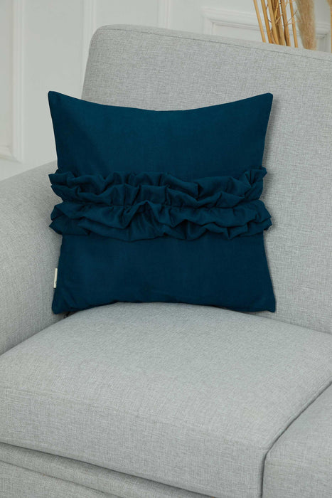 Handcrafted Throw Pillow with Elegant Ruffle Detail, Luxurious Cushion Cover for Living Room or Bedroom Decorations,K-270 Petrol Blue