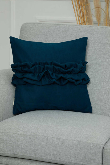 Handcrafted Throw Pillow with Elegant Ruffle Detail, Luxurious Cushion Cover for Living Room or Bedroom Decorations,K-270 Petrol Blue