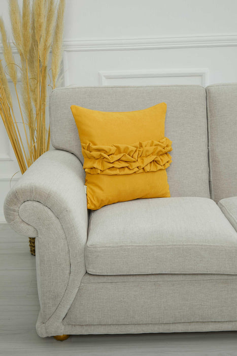 Handcrafted Throw Pillow with Elegant Ruffle Detail, Luxurious Cushion Cover for Living Room or Bedroom Decorations,K-270 Yellow