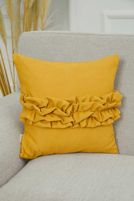Handcrafted Throw Pillow with Elegant Ruffle Detail, Luxurious Cushion Cover for Living Room or Bedroom Decorations,K-270 Yellow