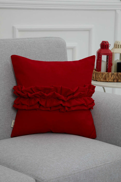 Handcrafted Throw Pillow with Elegant Ruffle Detail, Luxurious Cushion Cover for Living Room or Bedroom Decorations,K-270 Red