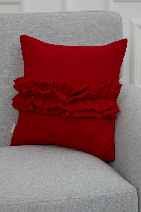 Handcrafted Throw Pillow with Elegant Ruffle Detail, Luxurious Cushion Cover for Living Room or Bedroom Decorations,K-270 Red