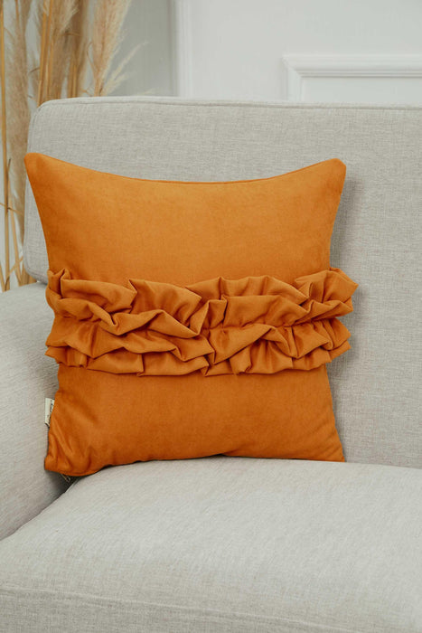 Handcrafted Throw Pillow with Elegant Ruffle Detail, Luxurious Cushion Cover for Living Room or Bedroom Decorations,K-270 Orange