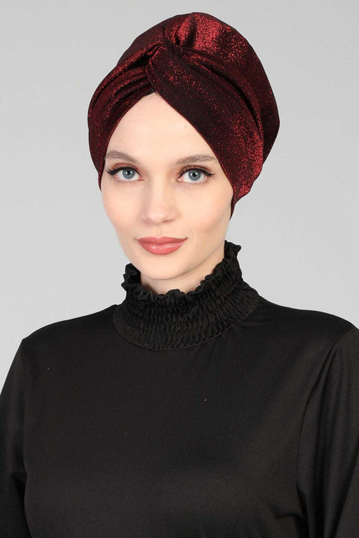 Glitter Instant Turban for Women Polyester Head Wrap Lightweight Head Scarf Modest Headwear Patterned Bonnet Cap,B-4SIM Maroon