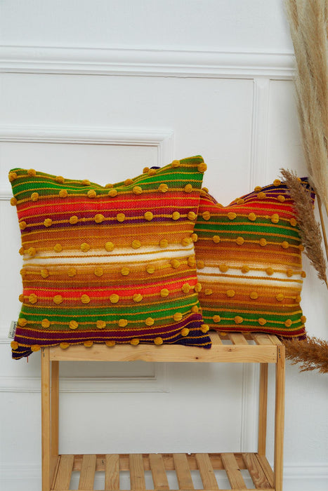 Hand Knotted Decorative Wool Throw Pillow Cover Traditional Anatolian Hand Loom Woven Handcrafted 45x45 cm Cushion Cover,K-230 Multicolored