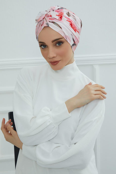 Handmade Instant Turban Bonnet Cap with Bow Tie on the Front Side, Fashionable Cotton Head Wrap Lightweight Head Scarf with Bow Tie,B-7YD Rose Garden