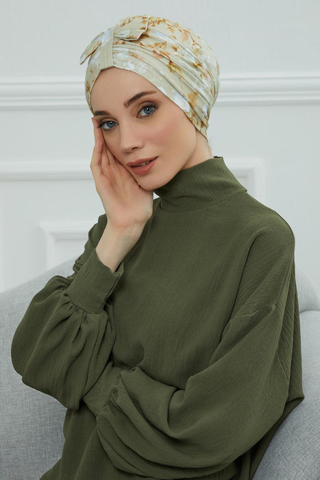 Handmade Instant Turban Bonnet Cap with Bow Tie on the Front Side, Fashionable Cotton Head Wrap Lightweight Head Scarf with Bow Tie,B-7YD Whispering Blooms