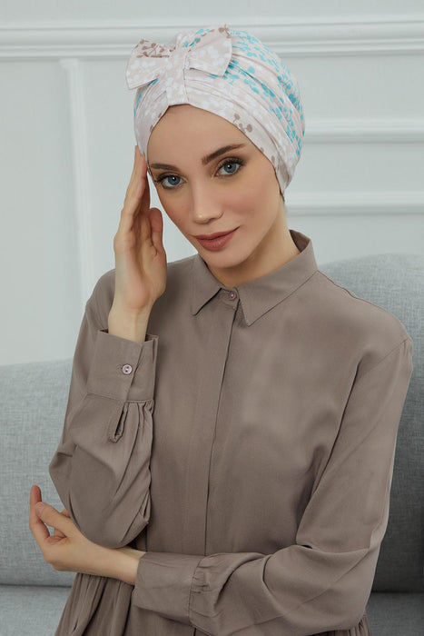 Handmade Instant Turban Bonnet Cap with Bow Tie on the Front Side, Fashionable Cotton Head Wrap Lightweight Head Scarf with Bow Tie,B-7YD Spring Awakening