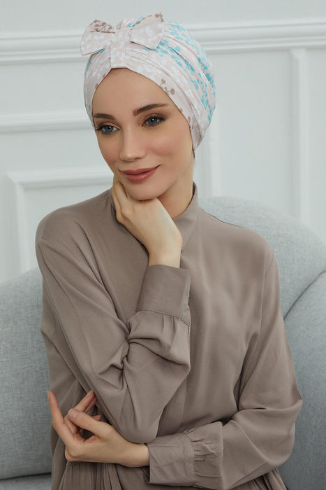 Handmade Instant Turban Bonnet Cap with Bow Tie on the Front Side, Fashionable Cotton Head Wrap Lightweight Head Scarf with Bow Tie,B-7YD Spring Awakening