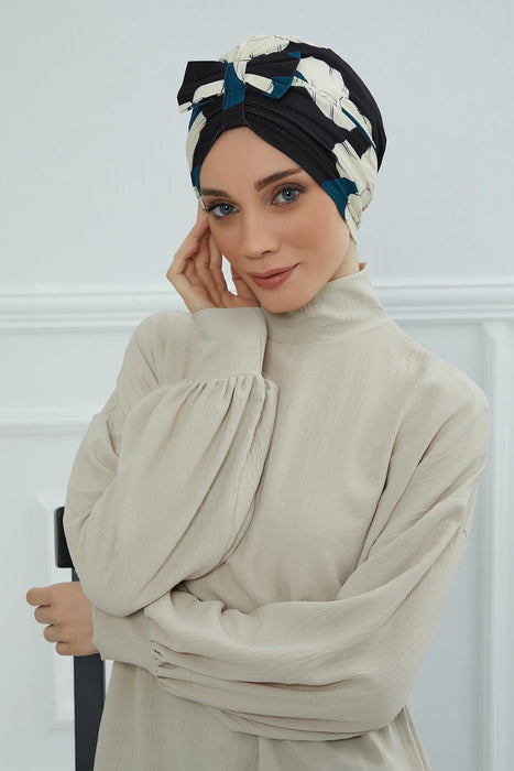 Handmade Instant Turban Bonnet Cap with Bow Tie on the Front Side, Fashionable Cotton Head Wrap Lightweight Head Scarf with Bow Tie,B-7YD Midnight Blossoms