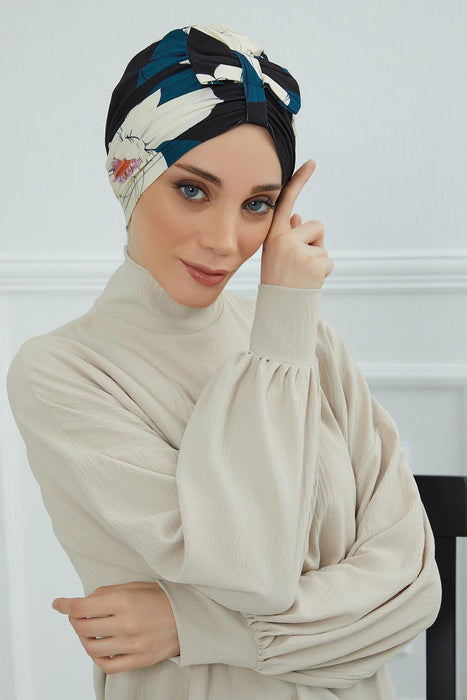 Handmade Instant Turban Bonnet Cap with Bow Tie on the Front Side, Fashionable Cotton Head Wrap Lightweight Head Scarf with Bow Tie,B-7YD Midnight Blossoms