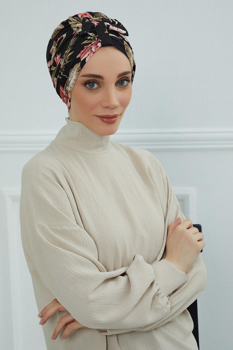 Handmade Instant Turban Bonnet Cap with Bow Tie on the Front Side, Fashionable Cotton Head Wrap Lightweight Head Scarf with Bow Tie,B-7YD Dark Forest