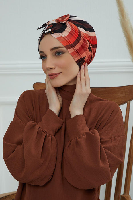 Handmade Instant Turban Bonnet Cap with Bow Tie on the Front Side, Fashionable Cotton Head Wrap Lightweight Head Scarf with Bow Tie,B-7YD Retro Waves