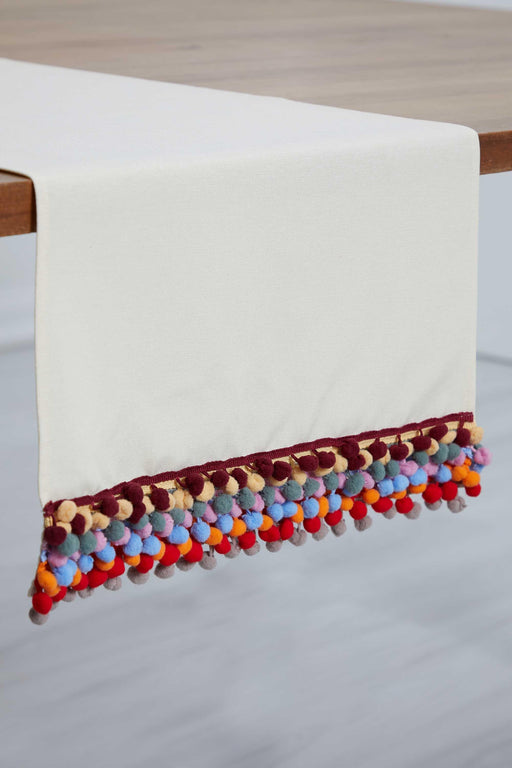 Bohemian Linen Table Runner with Colorful Pom-Pom Edging, Handmade Centerpiece Table Runner with Playful Pom-Poms for Kitchen Decors,R-61 Ivory - Red