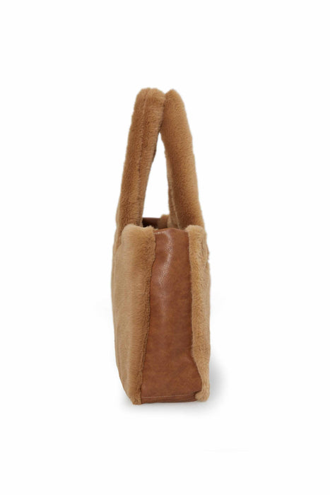 Handmade Shoulder Bag made from Plush Fabric, Elegant High Quality Daily Bag for Women with Leather Detail, Trendy Soft Women Bag,CK-44 Light Brown - Brown