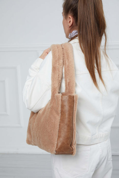 Handmade Shoulder Bag made from Plush Fabric, Elegant High Quality Daily Bag for Women with Leather Detail, Trendy Soft Women Bag,CK-44 Milk Brown - Light Brown
