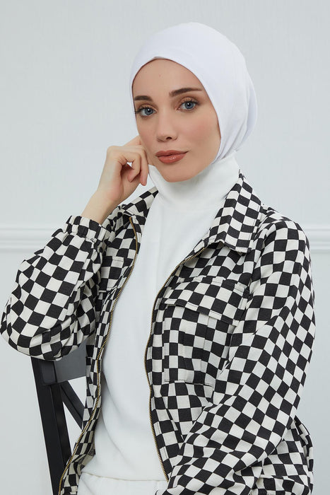 Inner Bonnet Instant Turban %95 Cotton Head Scarf Lightweight Headwear Ninja Cap, Slip on Hijab,TB-5 White