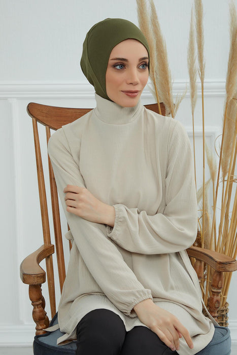 Inner Bonnet Instant Turban %95 Cotton Head Scarf Lightweight Headwear Ninja Cap, Slip on Hijab,TB-5 Army Green
