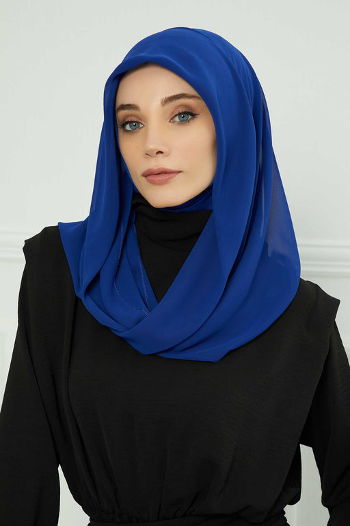 Instant Chiffon Shawl for Women With Cotton Bonnet Chiffon Turban Cap Head Wrap Instant Turban Scarf,PS-45 Sax Blue - Sax Blue