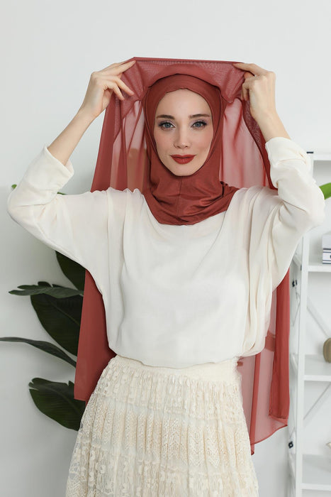 Instant Chiffon Shawl Headscarf for Women with Cotton Bonnet Chiffon Turban Cap, Ready-to-Wear Soft Chiffon Shawl Instant Hijab Wrap,PS-46