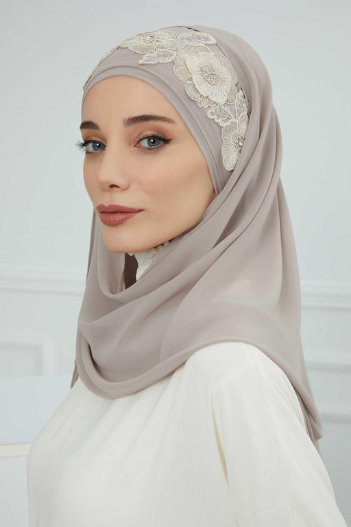 Instant Chiffon Shawl with Elegant Flower Accessories Evening Hijab Ready To Wear Modesty Turban Cap,CPS-101 Mink-Gold