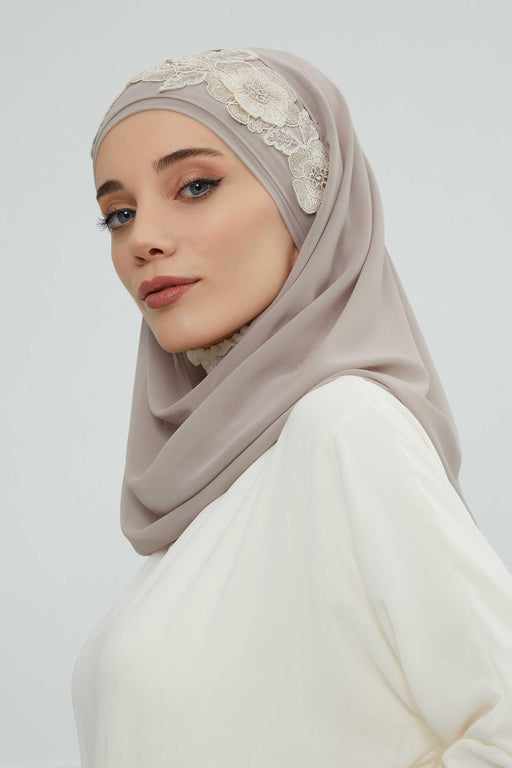 Instant Chiffon Shawl with Elegant Flower Accessories Evening Hijab Ready To Wear Modesty Turban Cap,CPS-101 Mink-Gold