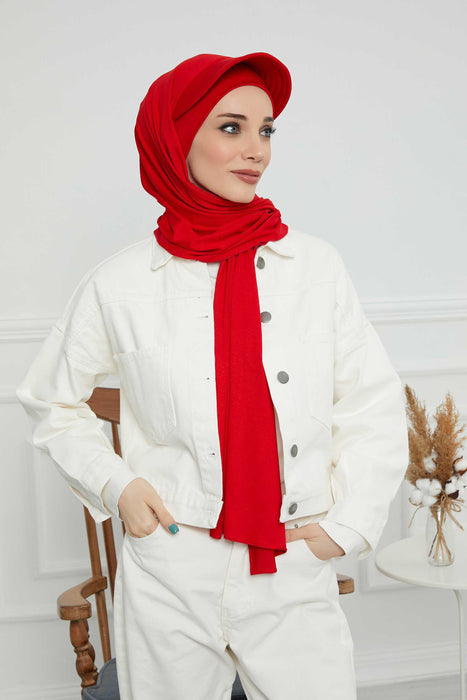 Instant Cotton Shawl Newsboy Scarves 95% Cotton Bandana Women's Cap Turban Visor Stylish Hijab Hat Turban Head Wraps,SS-1 Red
