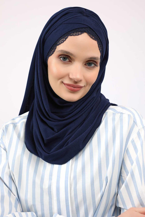 Instant Shawl for Women %95 Cotton Modesty Turban Lace Detailed Head Wrap Scarf Front Trimmed,CPS-48 Navy Blue