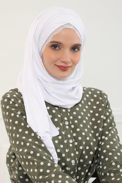 Instant Shawl for Women %95 Cotton Modesty Turban Lace Detailed Head Wrap Scarf Front Trimmed,CPS-48 White
