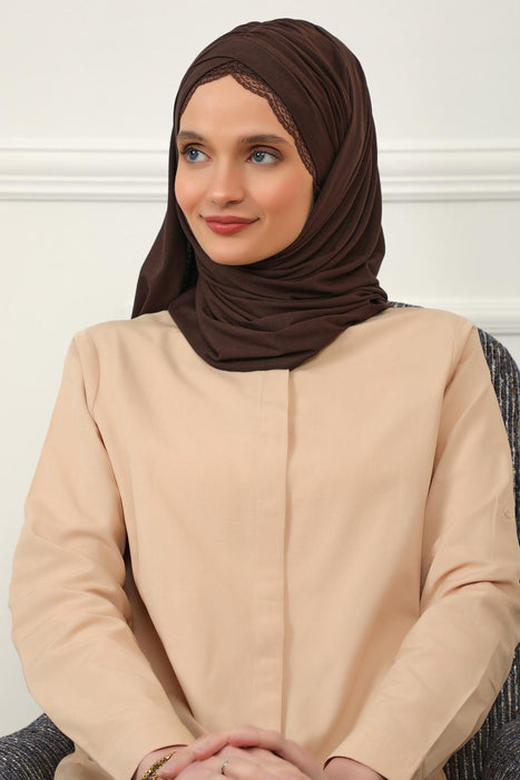 Instant Shawl for Women %95 Cotton Modesty Turban Lace Detailed Head Wrap Scarf Front Trimmed,CPS-48 Brown