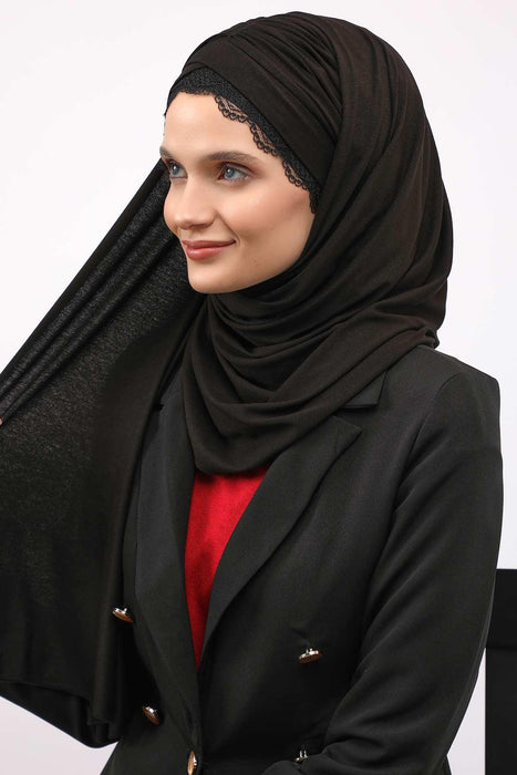 Instant Shawl for Women %95 Cotton Modesty Turban Lace Detailed Head Wrap Scarf Front Trimmed,CPS-48 Black