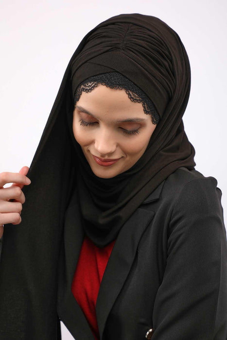 Instant Shawl for Women %95 Cotton Modesty Turban Lace Detailed Head Wrap Scarf Front Trimmed,CPS-48 Black