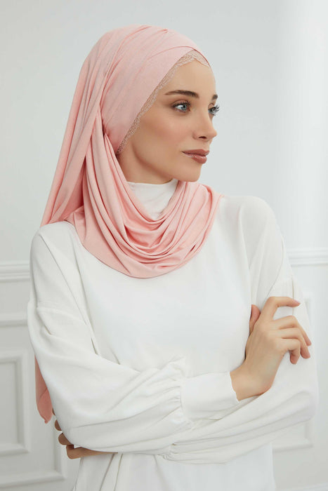 Instant Shawl for Women %95 Cotton Modesty Turban Lace Detailed Head Wrap Scarf Front Trimmed,CPS-48 Powder