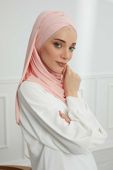 Instant Shawl for Women %95 Cotton Modesty Turban Lace Detailed Head Wrap Scarf Front Trimmed,CPS-48 Powder