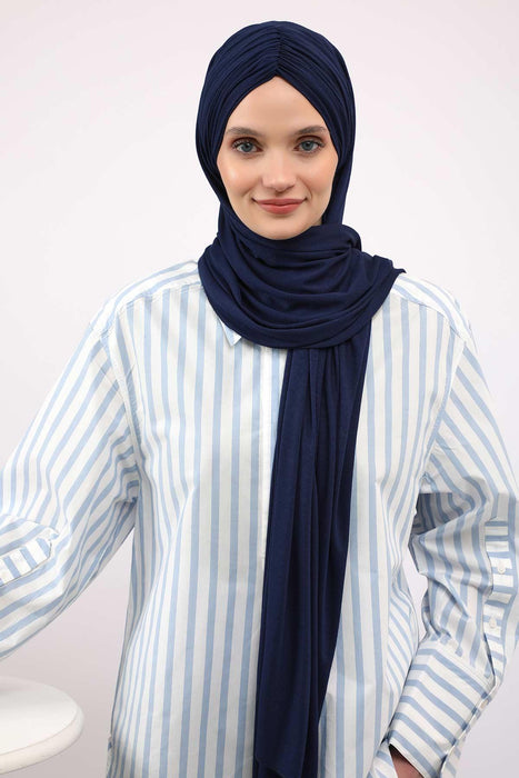 Instant Shawl for Women Shirred Cotton Head Wrap Head Scarf Modesty Turban Headwear,CPS-44 Navy Blue