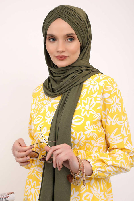 Instant Shawl for Women Shirred Cotton Head Wrap Head Scarf Modesty Turban Headwear,CPS-44 Army Green