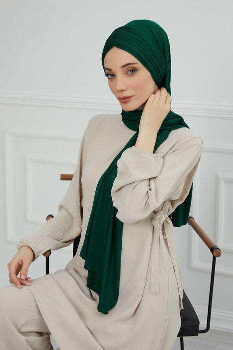 Instant Shawl for Women Shirred Cotton Head Wrap Head Scarf Modesty Turban Headwear,CPS-44 Green