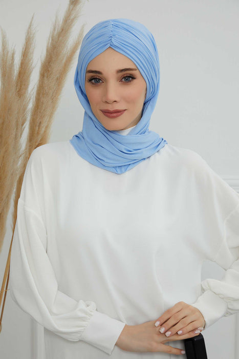 Instant Shawl for Women Shirred Cotton Head Wrap Head Scarf Modesty Turban Headwear,CPS-44 Blue