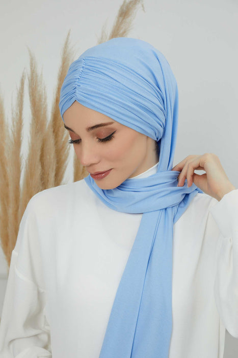 Instant Shawl for Women Shirred Cotton Head Wrap Head Scarf Modesty Turban Headwear,CPS-44 Blue