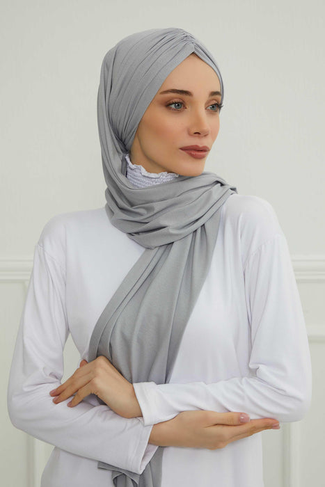 Instant Shawl for Women Shirred Cotton Head Wrap Head Scarf Modesty Turban Headwear,CPS-44 Grey 2