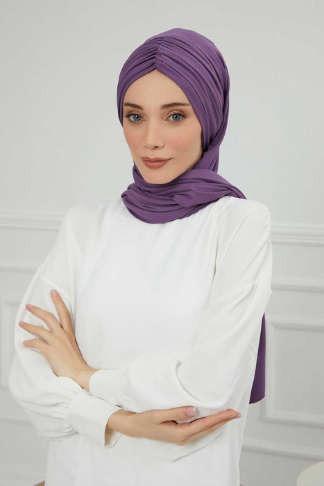Instant Shawl for Women Shirred Cotton Head Wrap Head Scarf Modesty Turban Headwear,CPS-44 Purple 2
