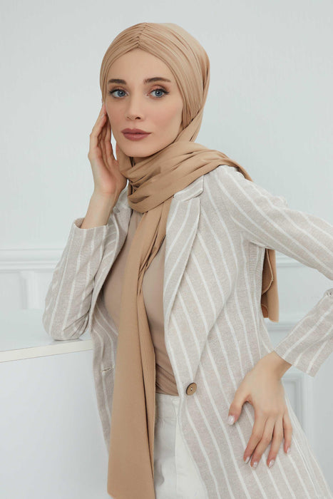 Instant Shawl for Women Shirred Cotton Head Wrap Head Scarf Modesty Turban Headwear,CPS-44 Sand Brown