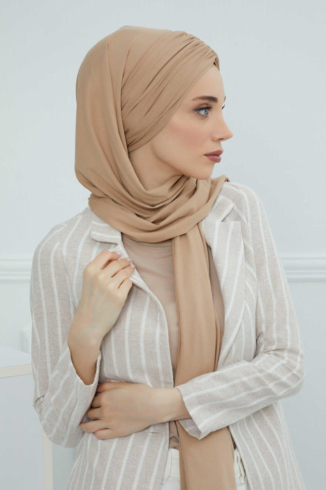 Instant Shawl for Women Shirred Cotton Head Wrap Head Scarf Modesty Turban Headwear,CPS-44 Sand Brown