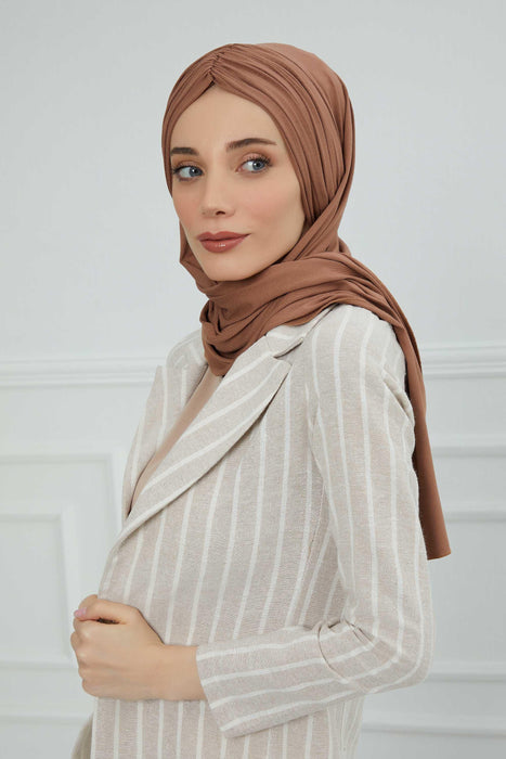 Instant Shawl for Women Shirred Cotton Head Wrap Head Scarf Modesty Turban Headwear,CPS-44 Caramel Brown