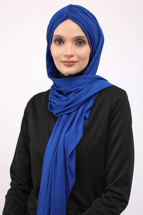 Instant Shawl for Women Shirred Cotton Head Wrap Head Scarf Modesty Turban Headwear,CPS-44 Sax Blue