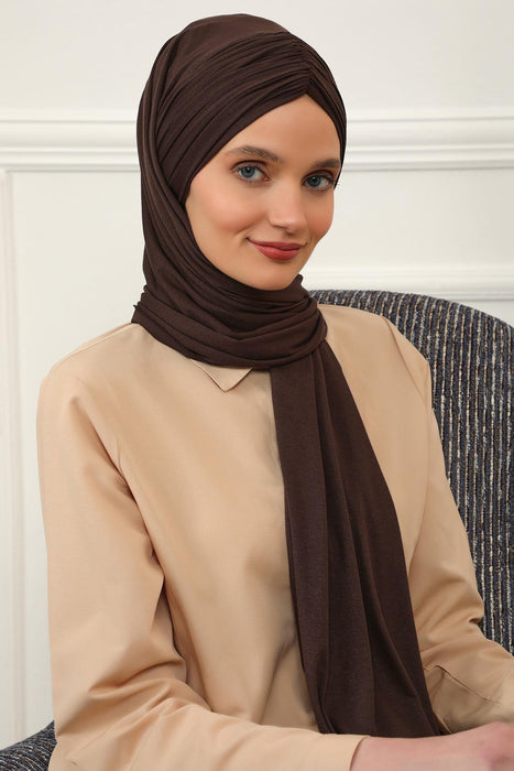 Instant Shawl for Women Shirred Cotton Head Wrap Head Scarf Modesty Turban Headwear,CPS-44 Brown